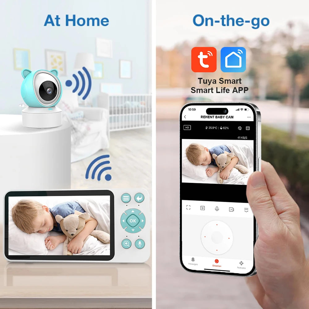 Tuya Smart Video Baby Monitor HD 5" IPS Display No Red Night Exposure Night Vision WiFi 1080P Infant Camera with 64G TF Card