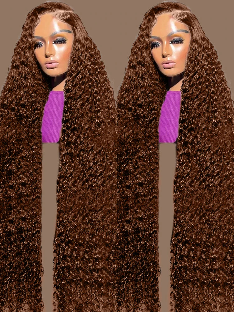 Chocolate Brown Water Curly Wigs 13X6 HD Human Hair Lace Front Wig 40 Inch Colored Deep Wave Frontal Wig For Women 250 Density