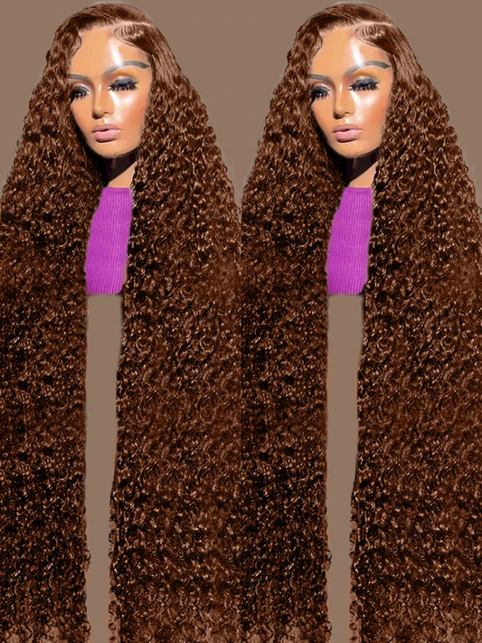 Chocolate Brown Water Curly Wigs 13X6 HD Human Hair Lace Front Wig 40 Inch Colored Deep Wave Frontal Wig For Women 250 Density