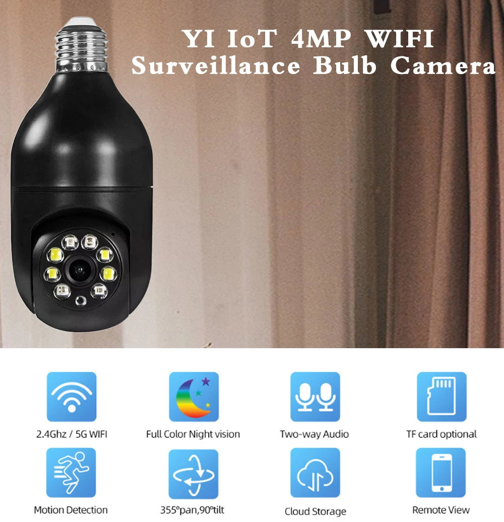 YI IOT 5G 2.4G Dual Band 4MP Full Color Night Vision E27 Bulb Wifi Camera Two Way Audio Auto Tracking Smart Home Security Camera