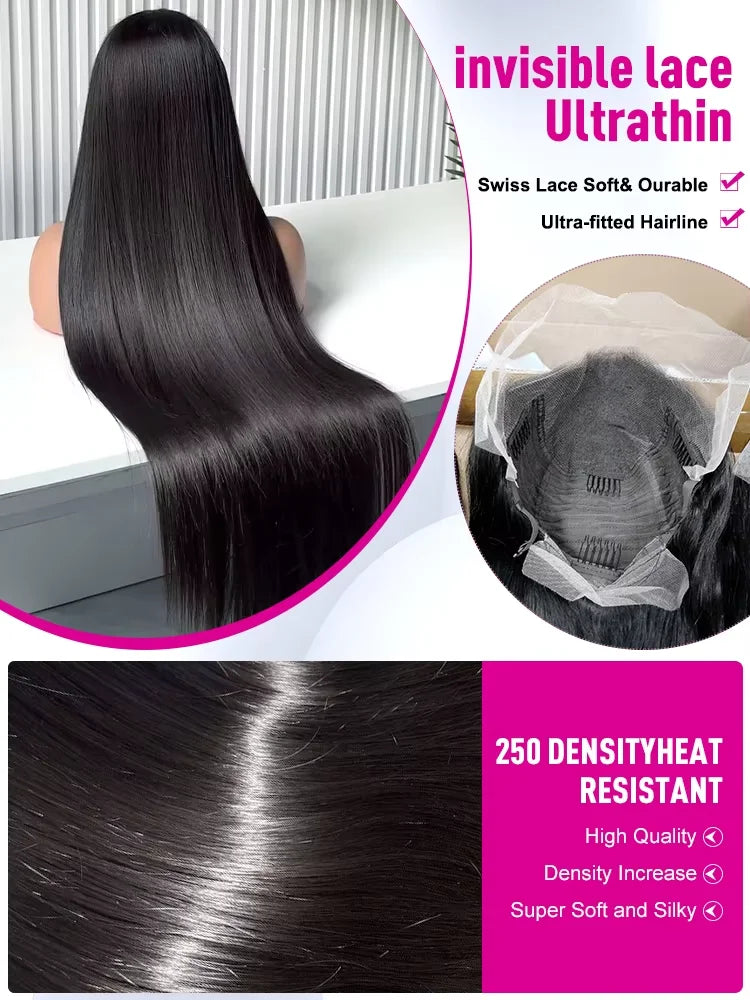 250Density 30 40 Inch HD Transparent Wigs 13x6 Bone Straight Lace Front Human Hair Wigs 13x4 Brazilian Pre Plucked Wig For Women