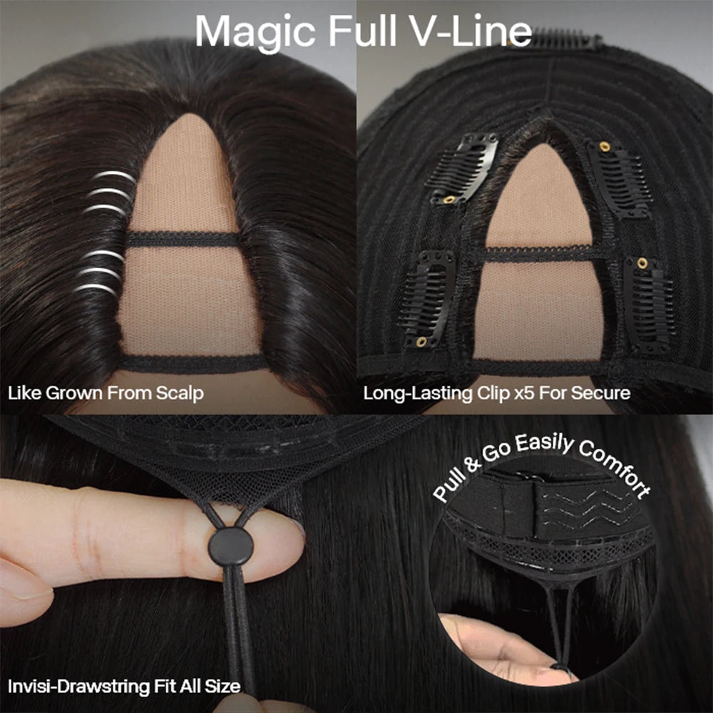 Kinky Straight V Part Wigs Human Hair For Sale No Leave Out No Glue Brazilian Yaki Straight V Part Wigs For Women Virgin Hair