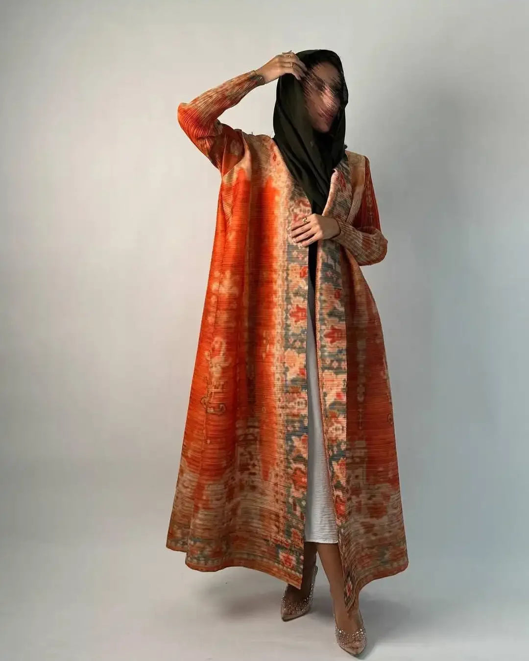 KAF Pleated Women Trench Coat Vintage Printed Cardigan Design Loose Plus Size Women Long Dress Dubai Female Luxury Abaya