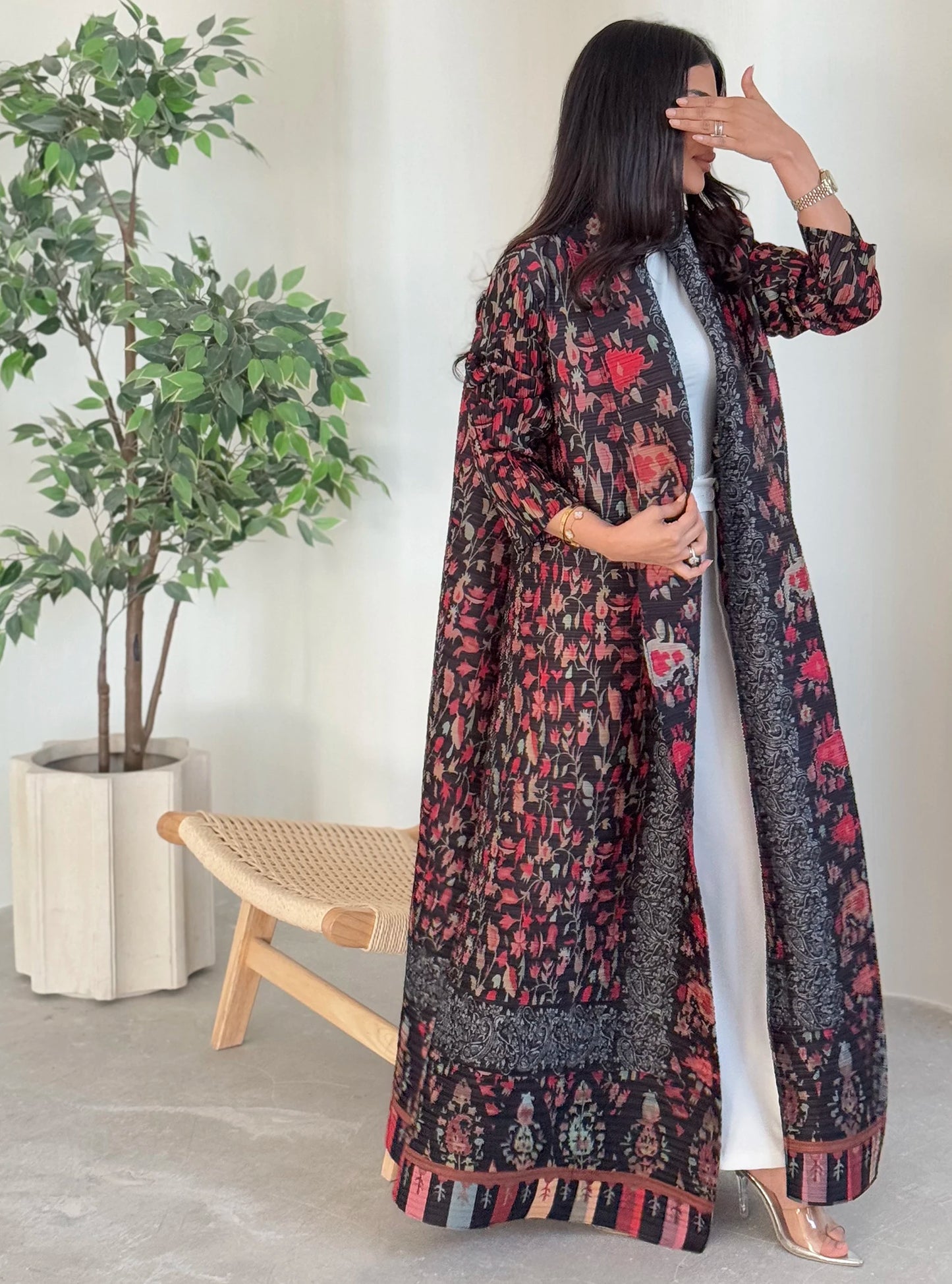 KAF Pleated Women Trench Coat Vintage Printed Cardigan Design Loose Plus Size Women Long Dress Dubai Female Luxury Abaya