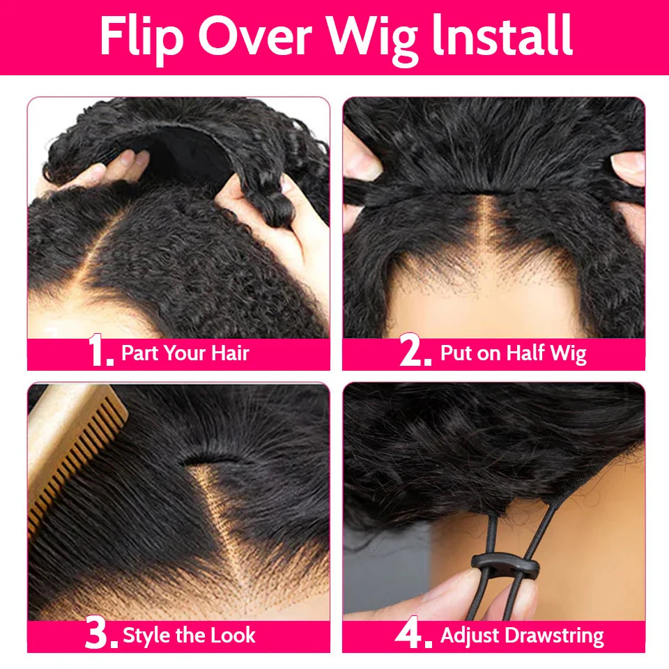 Glueless Wigs Upgrade 3 IN 1 Half Wig With Drawstring Seamless Clip Ins Flip Over Human Hair Afro Curly Headband Wig ISEE Hair