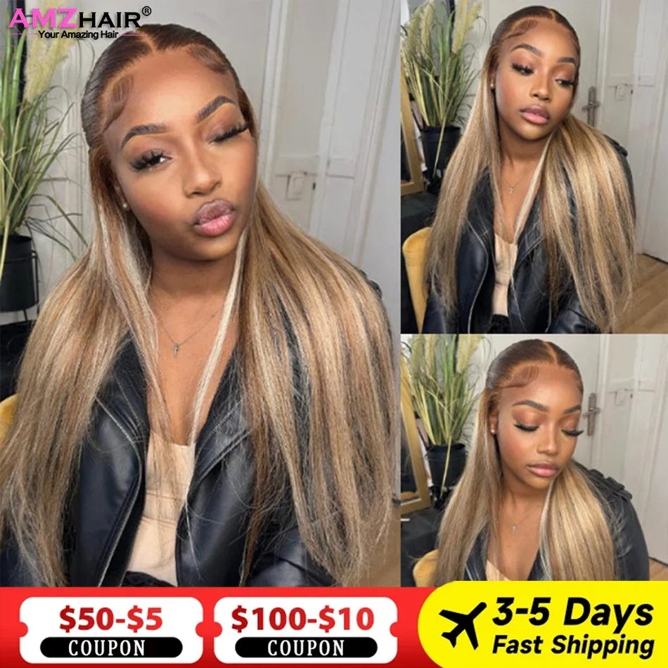 Bone Straight Blonde With Brown 4/613 Colored Human Hair Wigs Vietnamese Double Drawn 13x4 Lace Front Wig For Women Pre Plucked