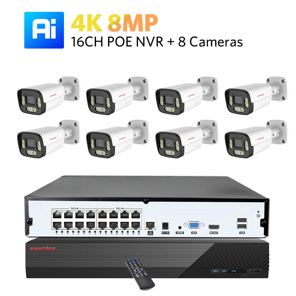 KANTURE 16CH 4K Ai Human Detection 8MP Outdoor Security Camera System Two-Way Audio Color Night Vision Video Surveillance Kit