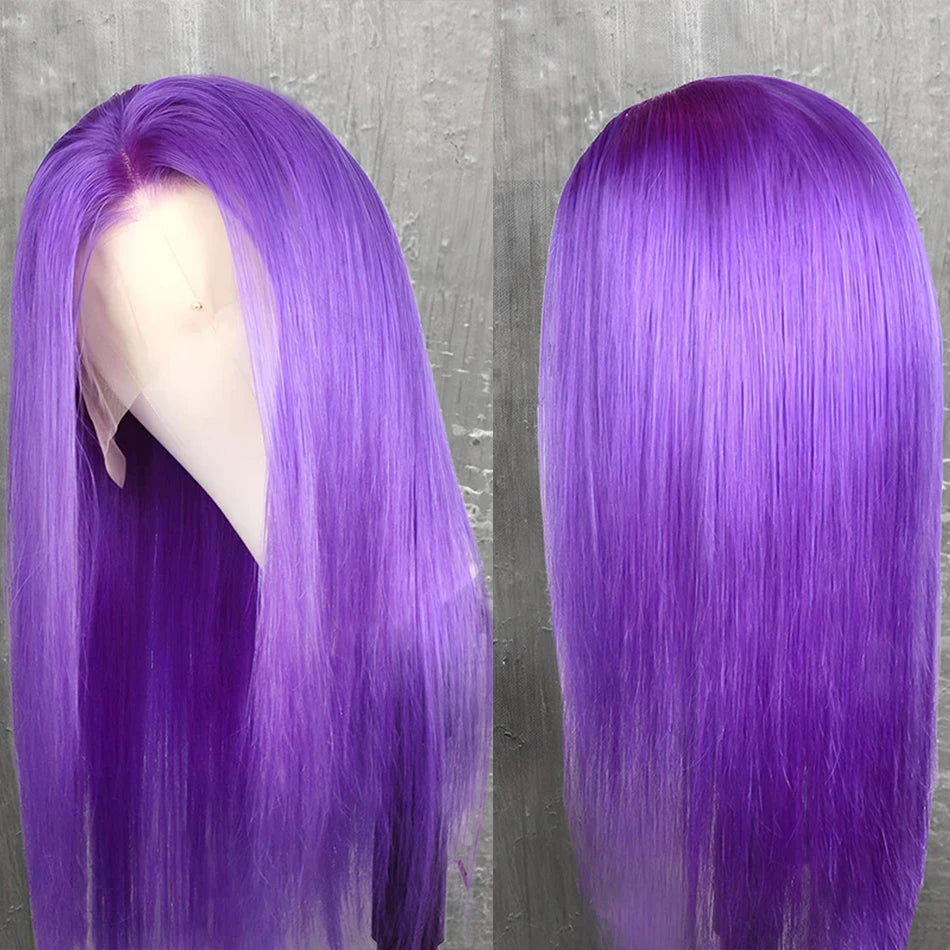 Purple Color Straight Human Hair Wig HD Transparent Glueless PrePlucked Lace Front Wig Lavender Violet Purple Human Hair Wigs