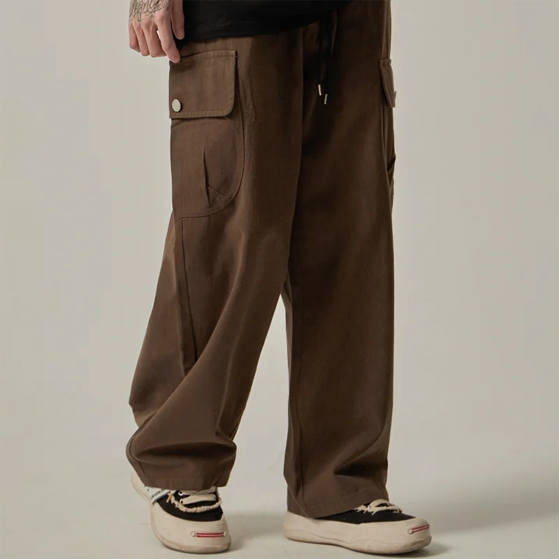 Men's Sweatpants Spring Autumn Vintage Japanese Wide Leg Straight Loose Button Big Pockets Cargo Pants Drawstring Trousers