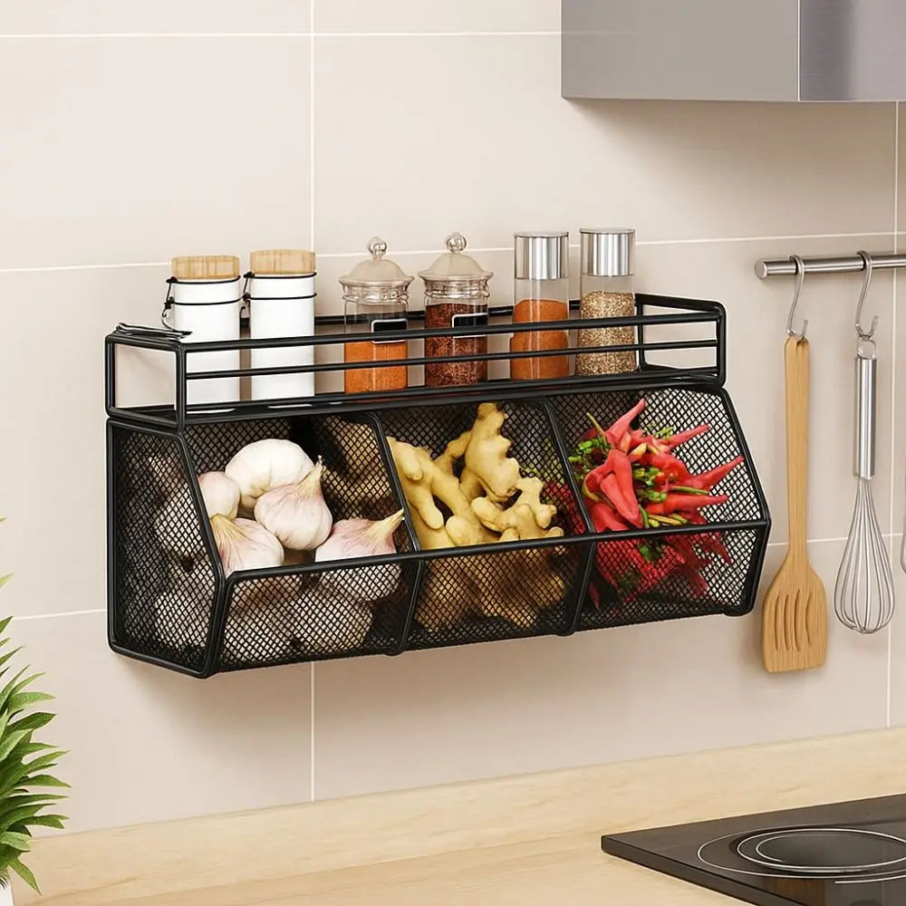 Wall Mounted Kitchen Storage Basket Punch-Free Grid Spice Storage Shelf Carbon Steel Onion Ginger Garlic Rack