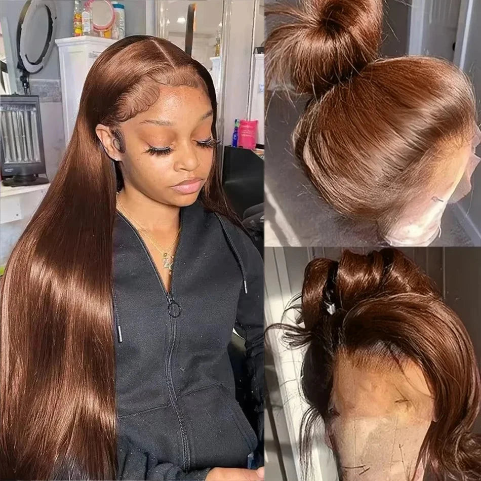 13x6 Chocolate Brown Bone Straight HD Lace Front Wig 30 Inch Lace Frontal Wig Human Hair Pre Plucked #4 Colored Human Hair Wigs