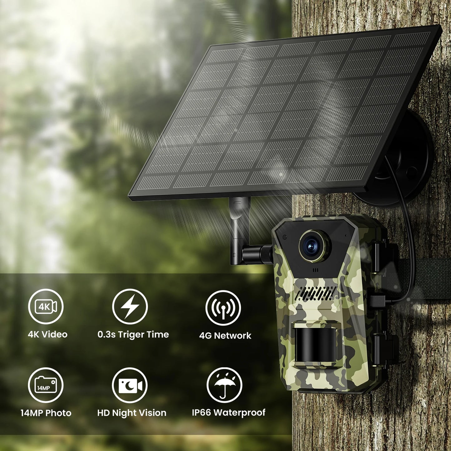 Solar Power 4G For Euro  2K 14MP PIR  Motion Activated Trigger Time Night Vision IP66 Hunting Trail Wildlife Battery 4G Monitor