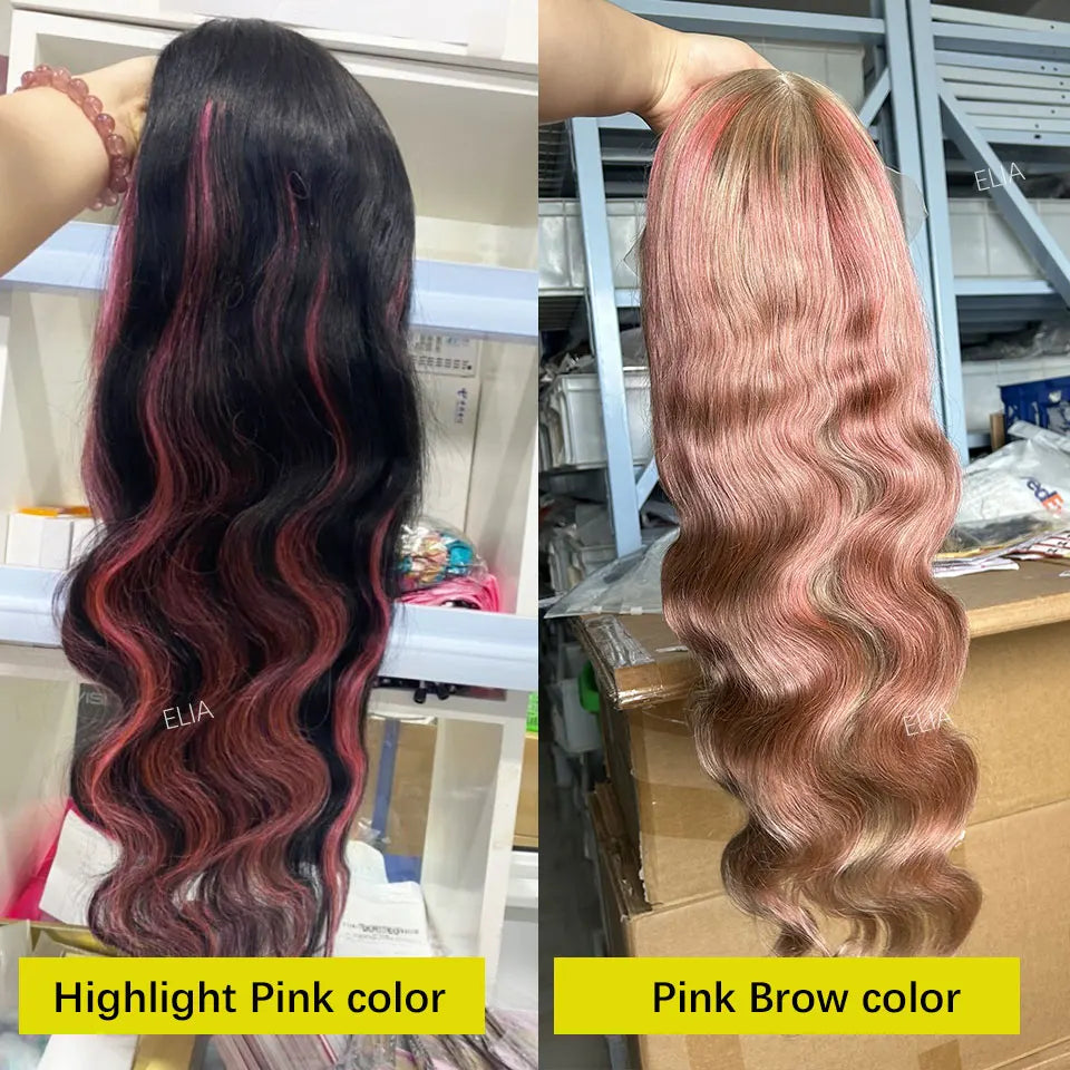 32 Inch Wigs 5x7 Transparent Lace 13x6 Lace Frontal Human Hair Wigs Highlight Pink Body Wave Human Hair Wig For Black Women