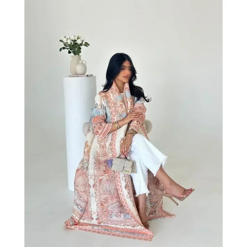 KAF Pleated Women Trench Coat Vintage Printed Cardigan Design Loose Plus Size Women Long Dress Dubai Female Luxury Abaya