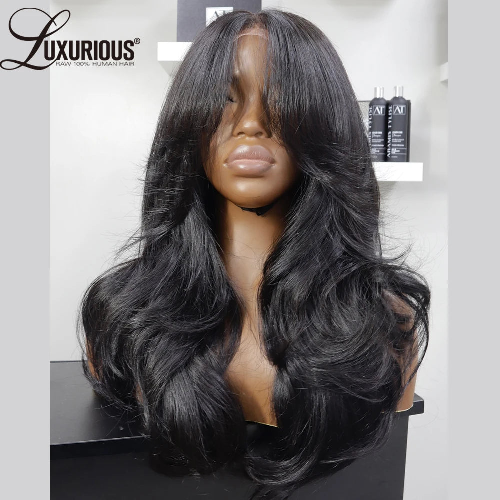 Ombre Brown Layered  Human Hair Wigs For Women Blowout Looks 13x6 Lace Frontal Wig Human Hair Pre-Cut Lace Wig With Curtain Bang
