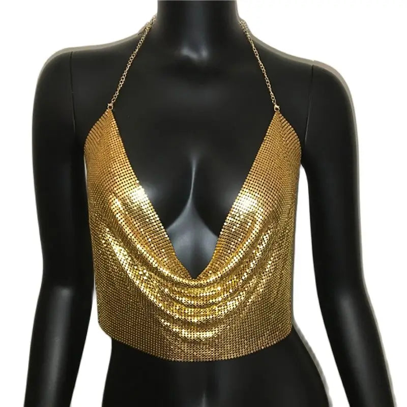 AKYZO Women  Sexy Metal Sequined Tank Camis Summer Gold Silver Backless Cropped Glitter Beach Club Show Wear Tank Tops