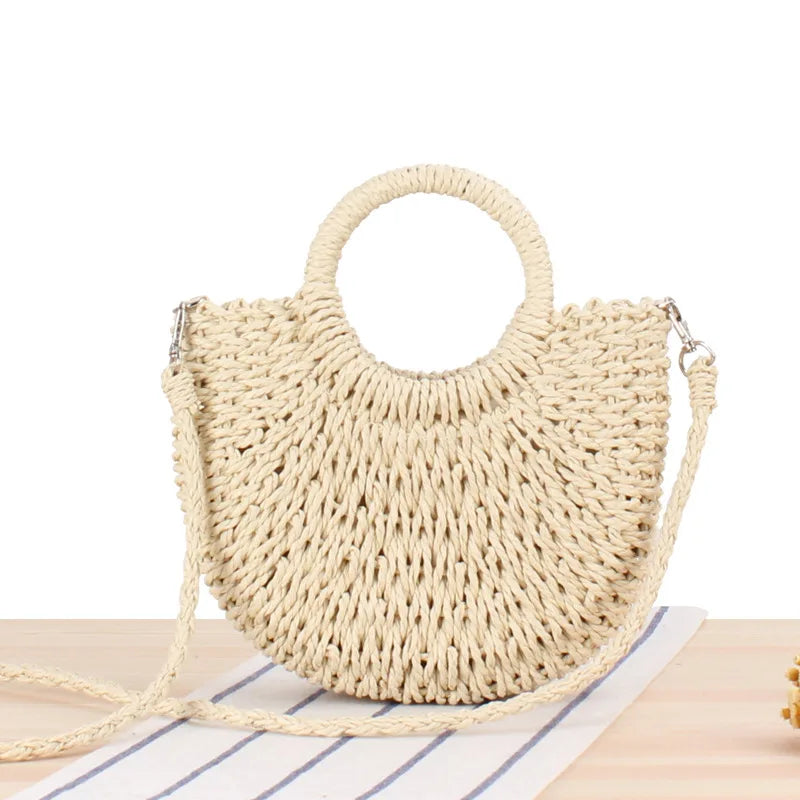 Summer Handmade Bags for Women Beach Weaving Ladies Straw Bag Wrapped Beach Bag Moon shaped Top Handle Handbags Totes