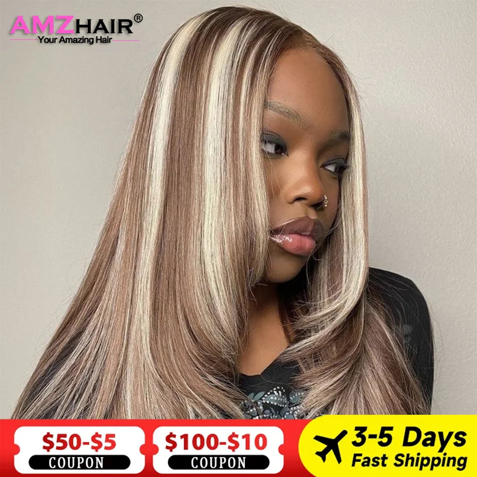 Bone Straight Blonde With Brown 4/613 Colored Human Hair Wigs Vietnamese Double Drawn 13x4 Lace Front Wig For Women Pre Plucked