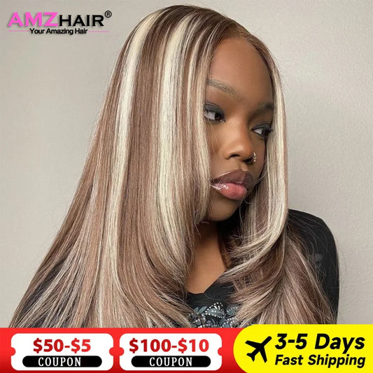 Bone Straight Blonde With Brown 4/613 Colored Human Hair Wigs Vietnamese Double Drawn 13x4 Lace Front Wig For Women Pre Plucked