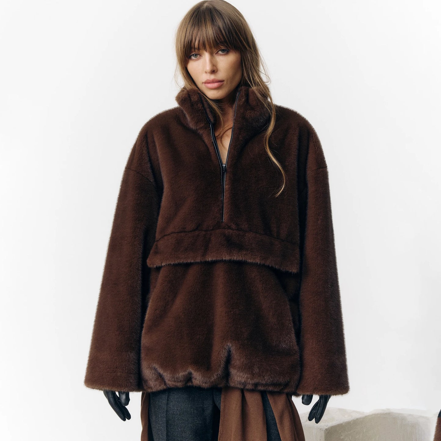 Designer Faux Fur Coat, New Winter Style, Warm Pullover Zipper Top Simple Stylish And Elegant
