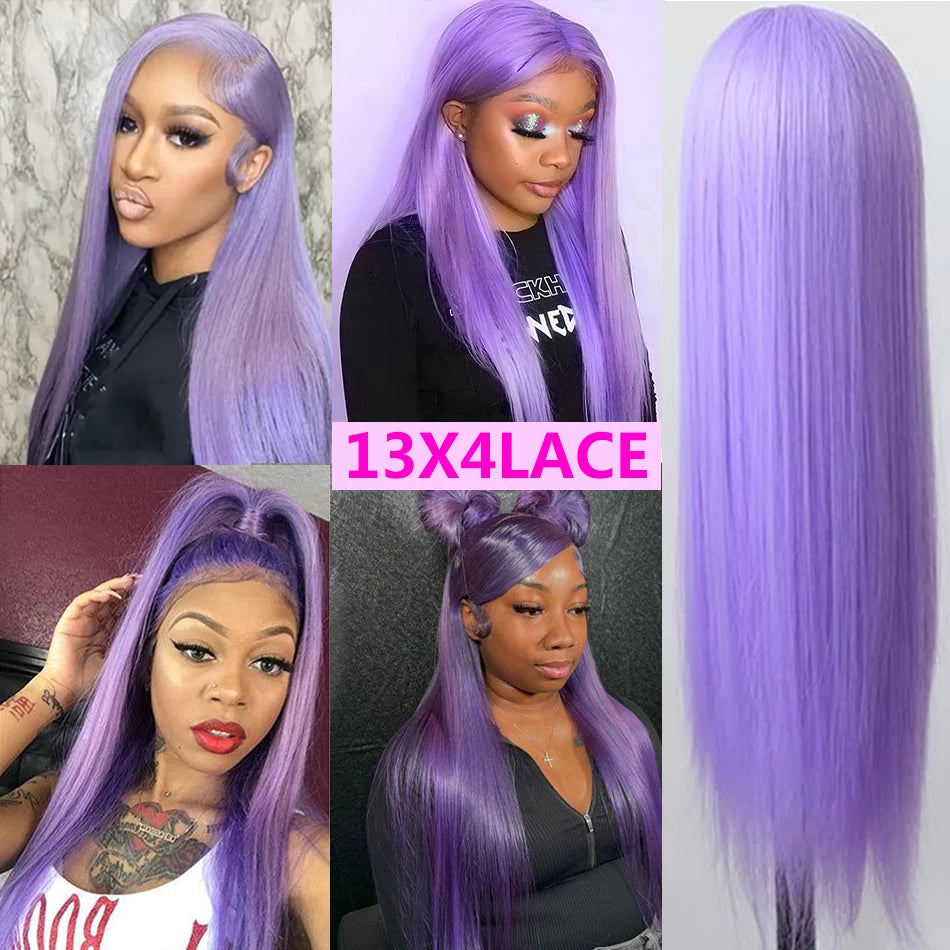 Purple Color Straight Human Hair Wig HD Transparent Glueless PrePlucked Lace Front Wig Lavender Violet Purple Human Hair Wigs