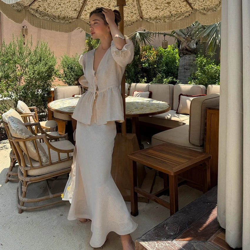 Linad Summer V-Neck Puff Sleeve A-Line Long Skirt 2 Piece Sets Woman Outfit Fashion Folds Khaki Loose Set Pure Cotton Woven Suit