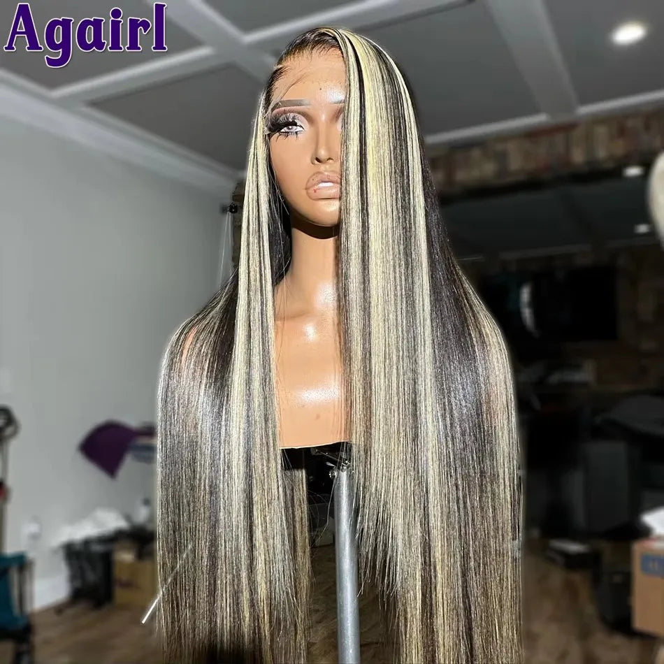 1B/27 Highlight 13X4 13x6 Lace Frontal Human Hair Wigs 200% Blonde Brown Ready Go PrePlucked 34Inch Bone Straight Lace Front Wig