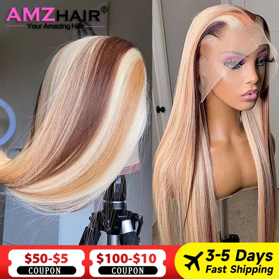 Bone Straight Blonde With Brown 4/613 Colored Human Hair Wigs Vietnamese Double Drawn 13x4 Lace Front Wig For Women Pre Plucked
