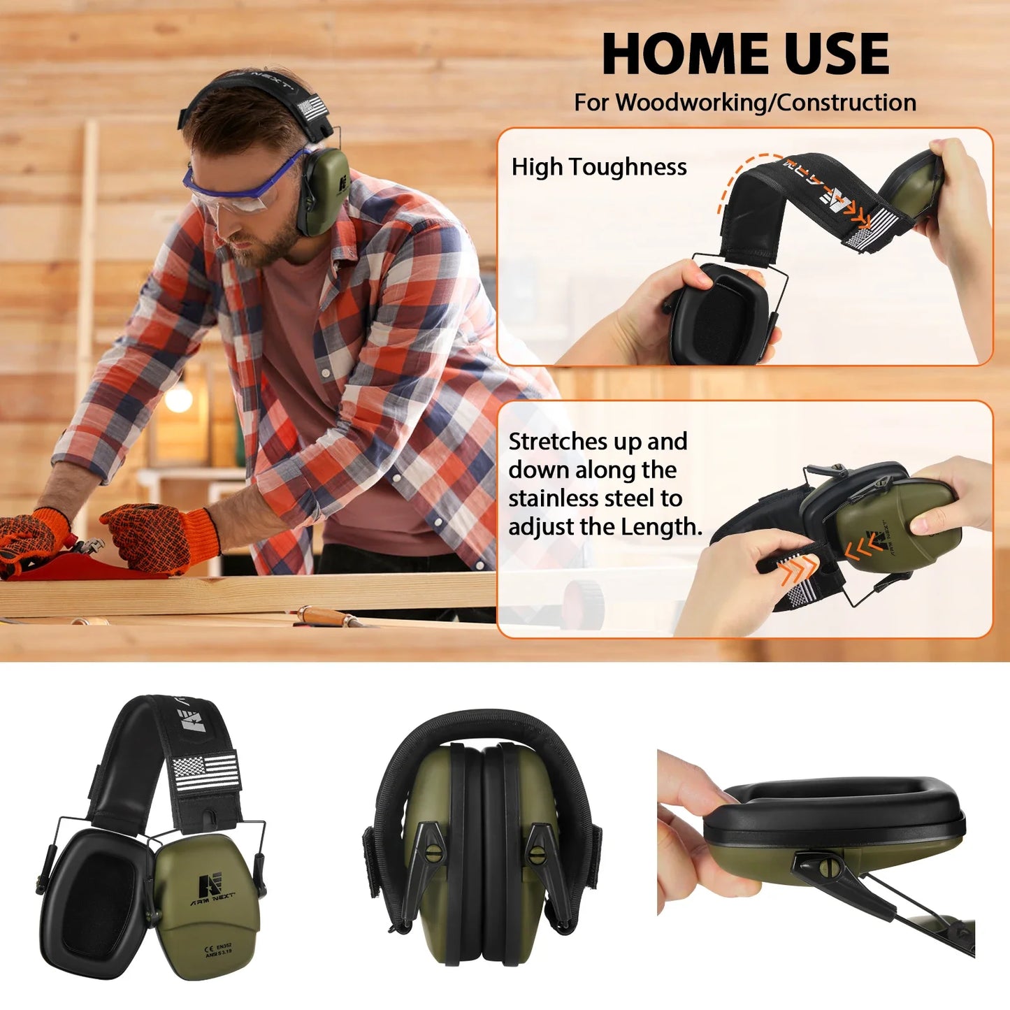 ARM NEXT Safety Earmuffs for Shooting Slim Passive Ear Protection Anti-noise Hearing Protectors Compact Foldable Ear Defenders