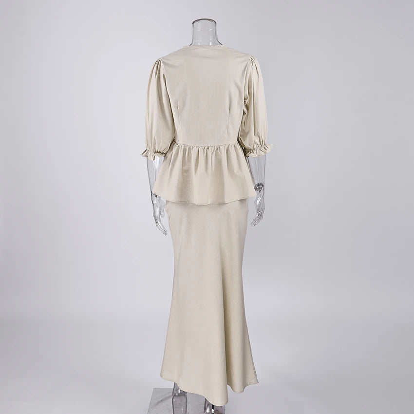 Linad Summer V-Neck Puff Sleeve A-Line Long Skirt 2 Piece Sets Woman Outfit Fashion Folds Khaki Loose Set Pure Cotton Woven Suit