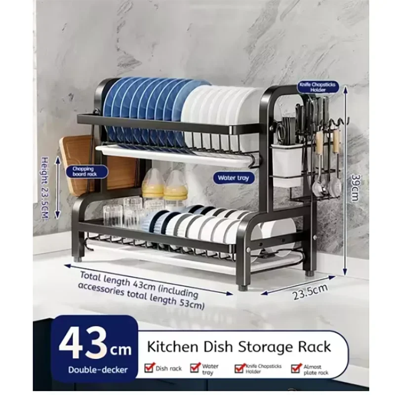 2-Tier Stainless Steel Dish Drainer Compact Kitchen Organizer with Utensil Holder Rustproof Countertop Storage