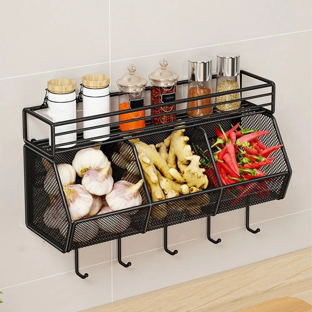 Wall Mounted Kitchen Storage Basket Punch-Free Grid Spice Storage Shelf Carbon Steel Onion Ginger Garlic Rack