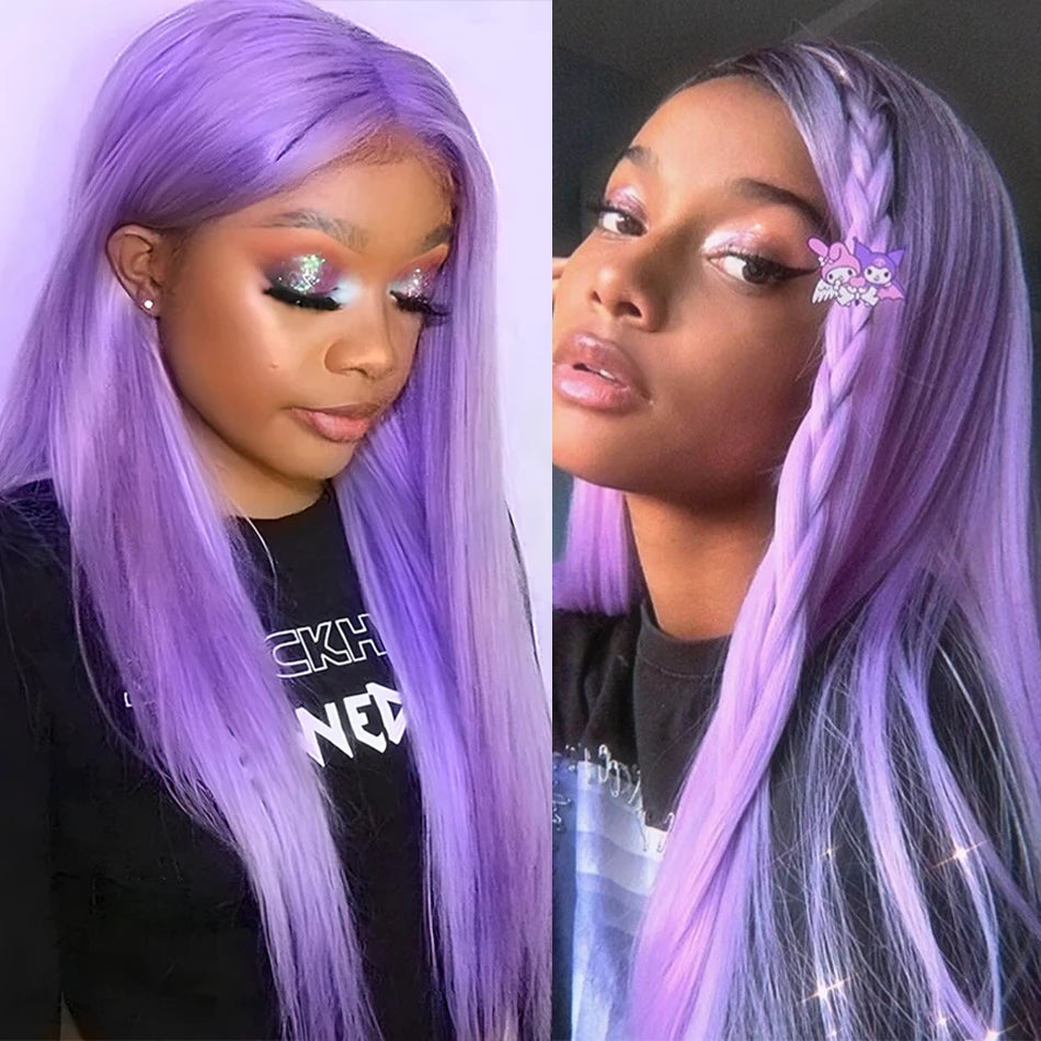Purple Color Straight Human Hair Wig HD Transparent Glueless PrePlucked Lace Front Wig Lavender Violet Purple Human Hair Wigs