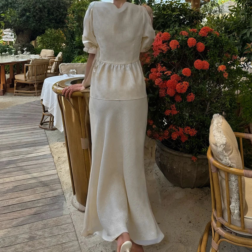 Linad Summer V-Neck Puff Sleeve A-Line Long Skirt 2 Piece Sets Woman Outfit Fashion Folds Khaki Loose Set Pure Cotton Woven Suit