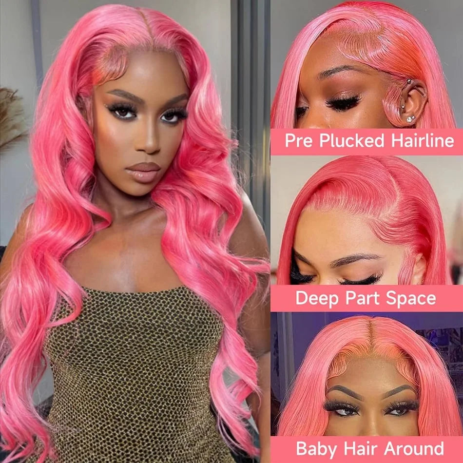 13x6 Pink HD Lace Front Wigs 100% Human Hair Body Wave Lace Frontal Wig For Women 13x4 Transparent Pre Plucked Colored Pink Wig