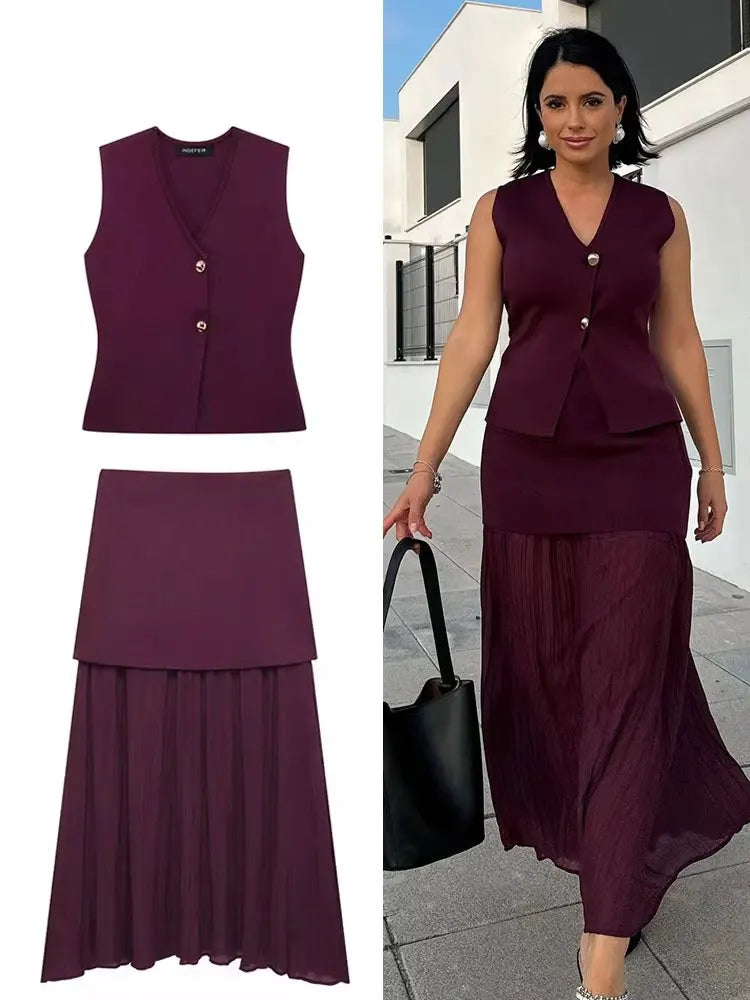 HH Women Skirt Set Wine Red Knitted V-Neck Sleeveless Slim Vest +Solid High Waist Zipper Patchwork Long Skirt Street