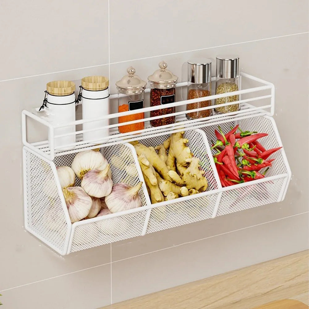 Wall Mounted Kitchen Storage Basket Punch-Free Grid Spice Storage Shelf Carbon Steel Onion Ginger Garlic Rack