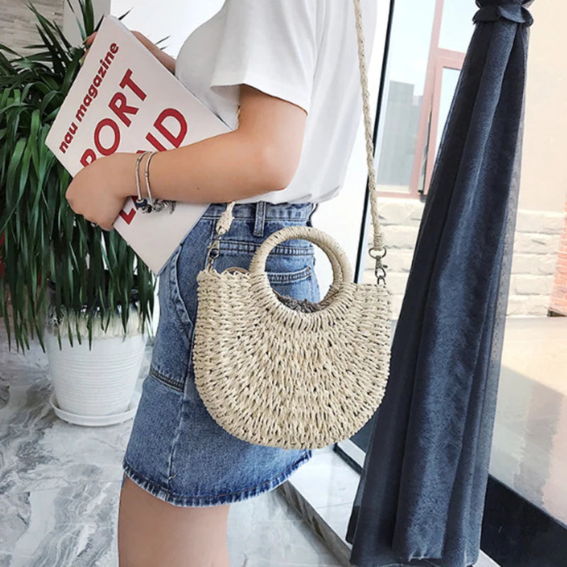 Summer Handmade Bags for Women Beach Weaving Ladies Straw Bag Wrapped Beach Bag Moon shaped Top Handle Handbags Totes