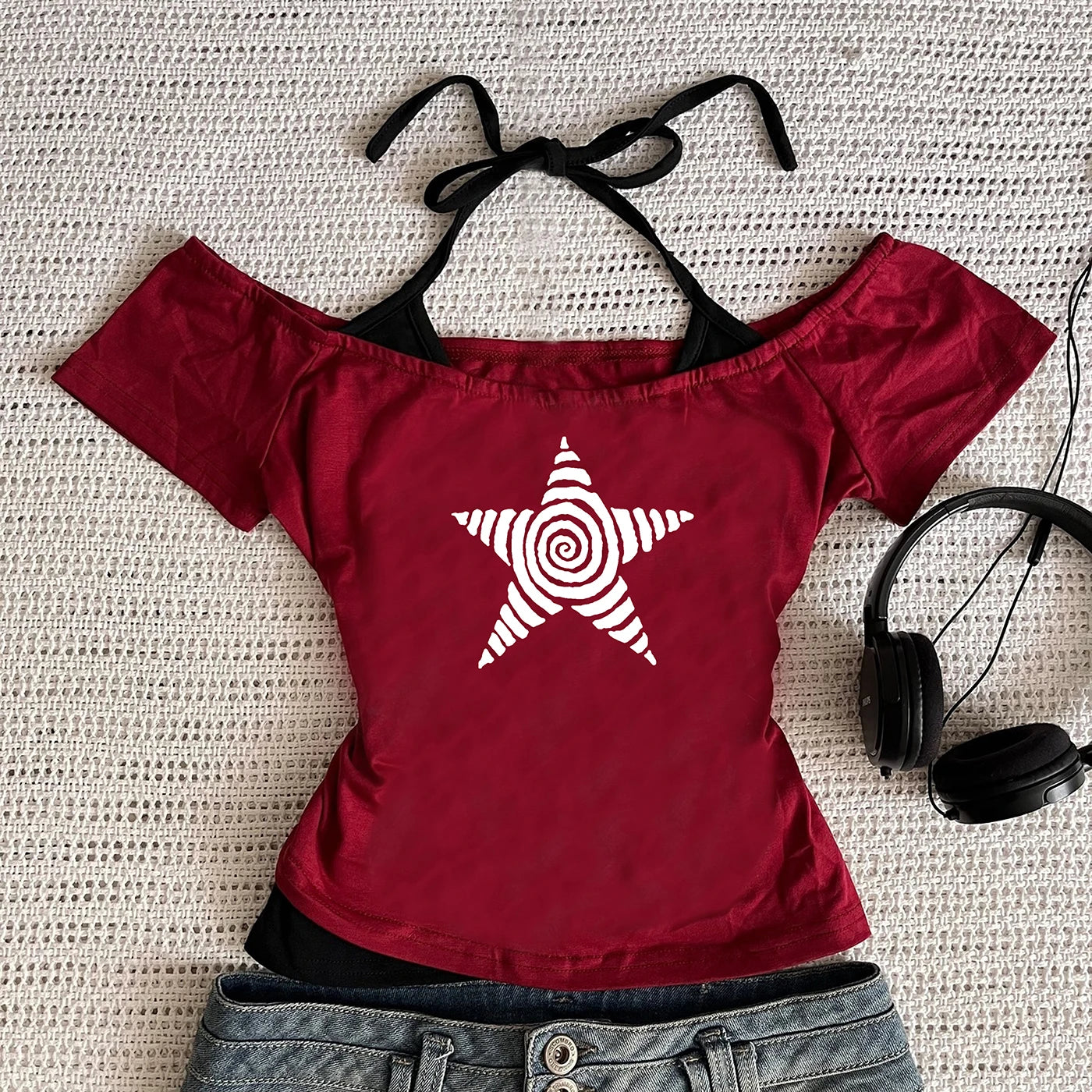 Women's Harajuku  Summer Casual T-Shirt Y2K Retro Streetwear Halter Neck Print Fake Two-Piece Set Fashionable Street Style