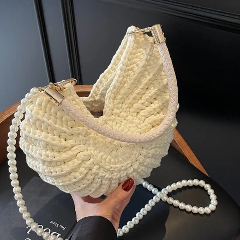 Creative Conch Shaped Crochet Women Shoulde Bags Funny Cute Pearls Chains Handmade Weave Crossbody Bag Novelty Small Handbags