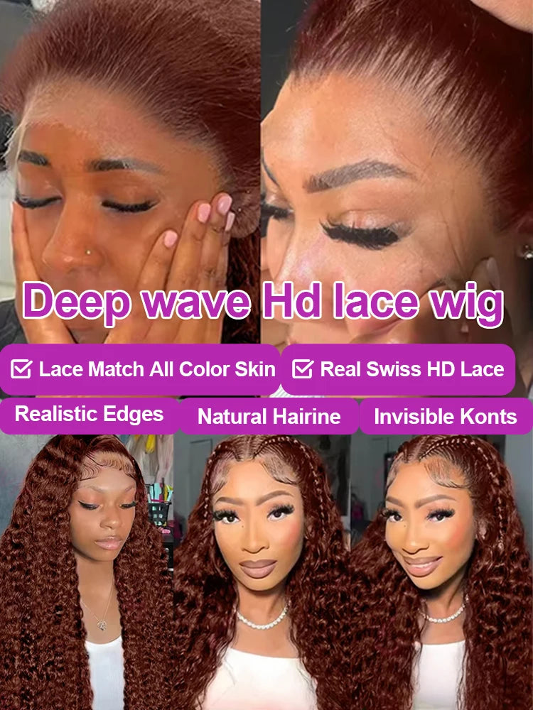 Chocolate Brown Water Curly Wigs 13X6 HD Human Hair Lace Front Wig 40 Inch Colored Deep Wave Frontal Wig For Women 250 Density