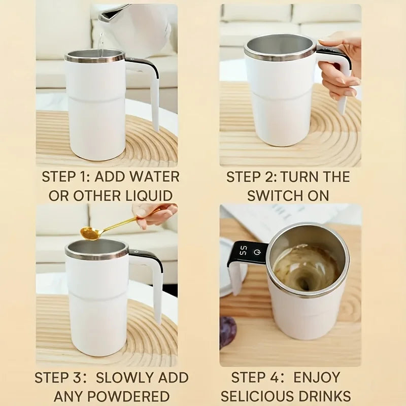 1pc 304 Stainless Steel Automatic Stirring Cup, Portable Coffee Mug with Temperature Display, USB Rechargeable, 200mAh Battery