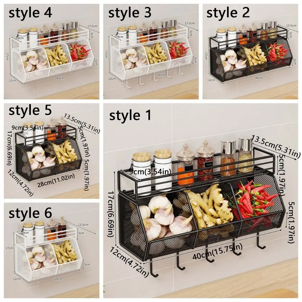Wall Mounted Kitchen Storage Basket Punch-Free Grid Spice Storage Shelf Carbon Steel Onion Ginger Garlic Rack