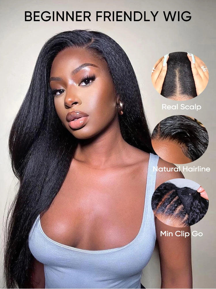 Kinky Straight V Part Wigs Human Hair For Sale No Leave Out No Glue Brazilian Yaki Straight V Part Wigs For Women Virgin Hair