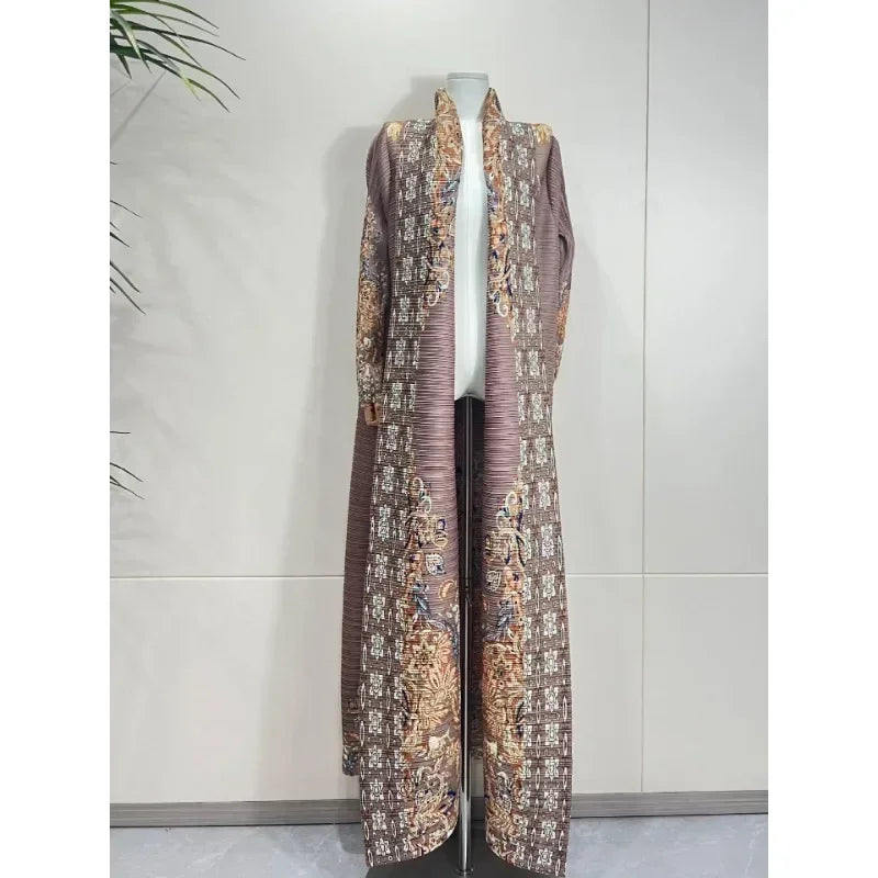 KAF Pleated Women Trench Coat Vintage Printed Cardigan Design Loose Plus Size Women Long Dress Dubai Female Luxury Abaya
