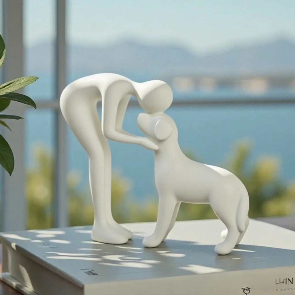 An elegant and simple black dog and owner statue, a warm gift for pet lovers and a home table decoration that is not easy to bre