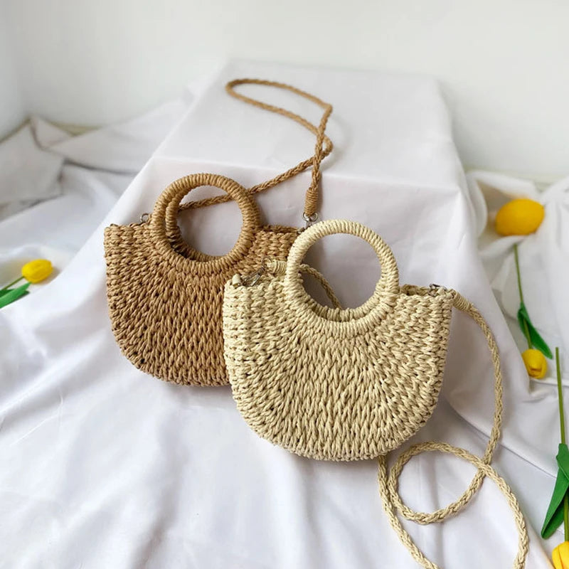 Summer Handmade Bags for Women Beach Weaving Ladies Straw Bag Wrapped Beach Bag Moon shaped Top Handle Handbags Totes