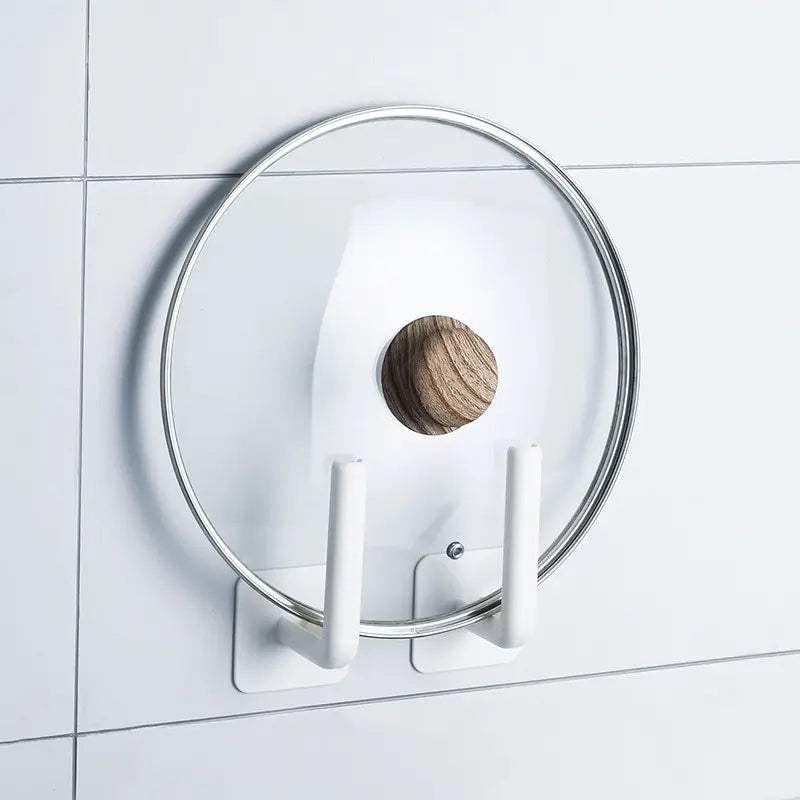 2PCS White Kitchen Hole Free Hook Traceless Storage Rack Shelf Shelves Pot Cover Cup Rack Kitchen Storage Holder