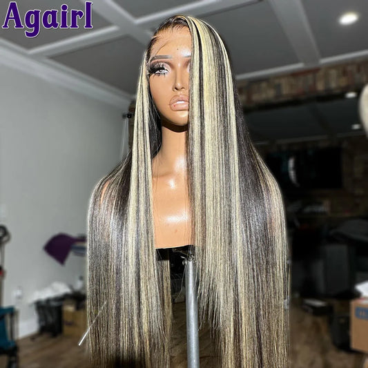 1B/27 Highlight 13X4 13x6 Lace Frontal Human Hair Wigs 200% Blonde Brown Ready Go PrePlucked 34Inch Bone Straight Lace Front Wig