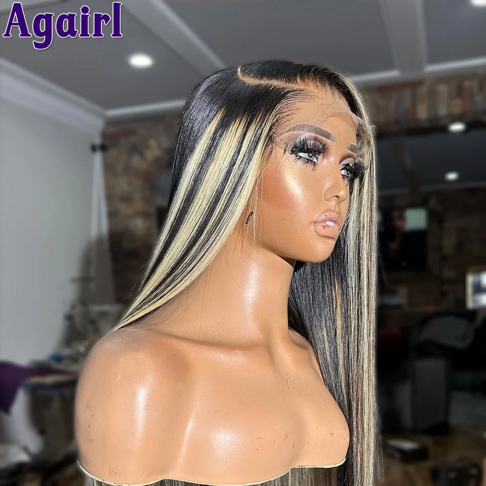 1B/27 Highlight 13X4 13x6 Lace Frontal Human Hair Wigs 200% Blonde Brown Ready Go PrePlucked 34Inch Bone Straight Lace Front Wig